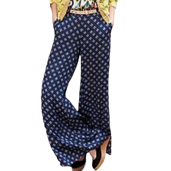 Anthropologie Pants - Anthropologie Navy Blue Wide Flare Leg Pink & White Printed Palazzo Pants